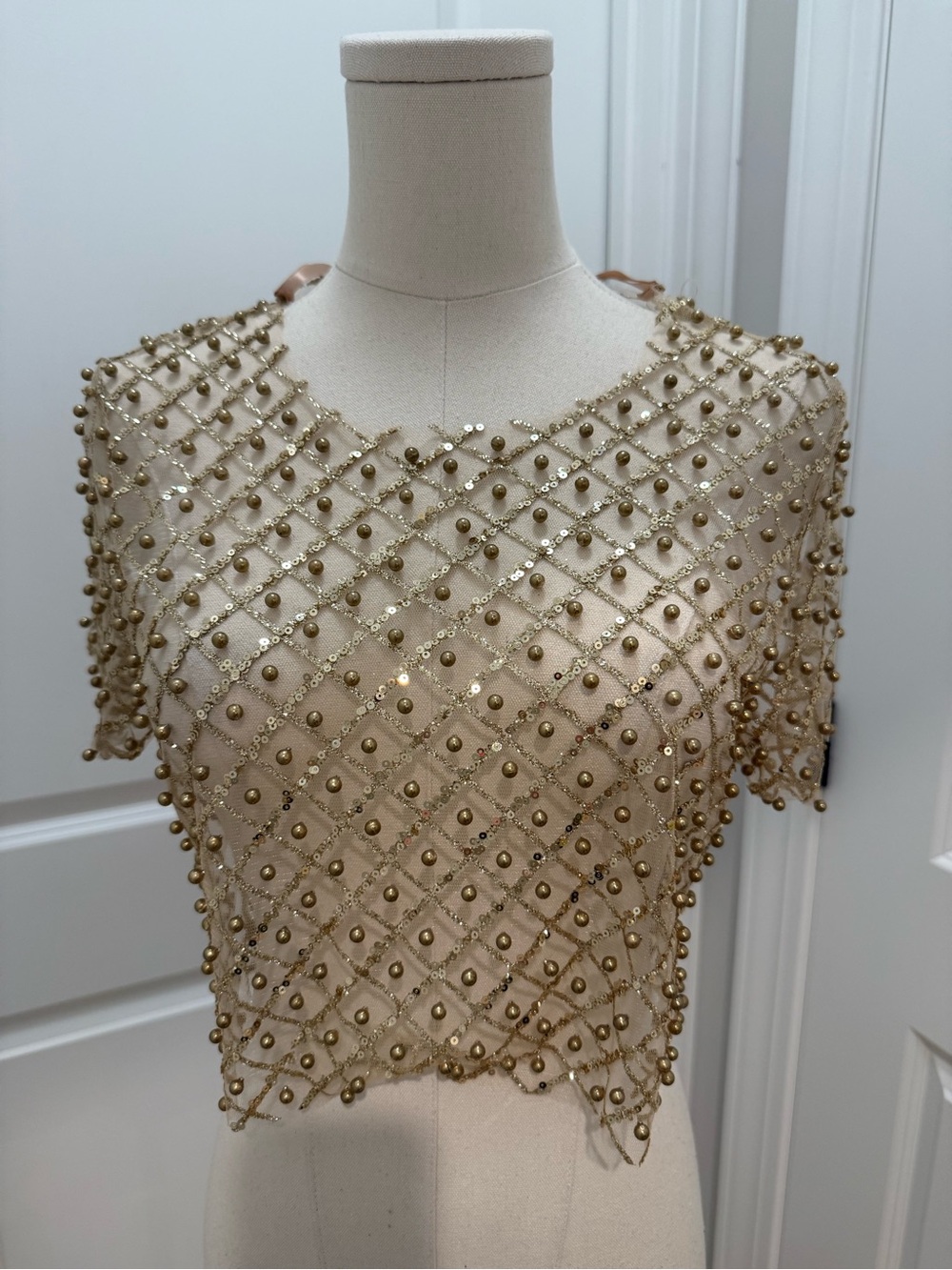 Beaded Ivory Crop Top with Gold Embellishment